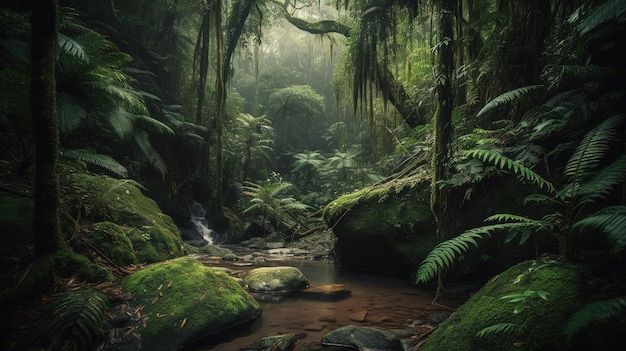 A jungle scene with a stream in the middle of it