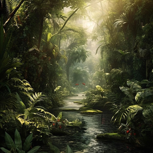 A jungle scene with a stream running through it.