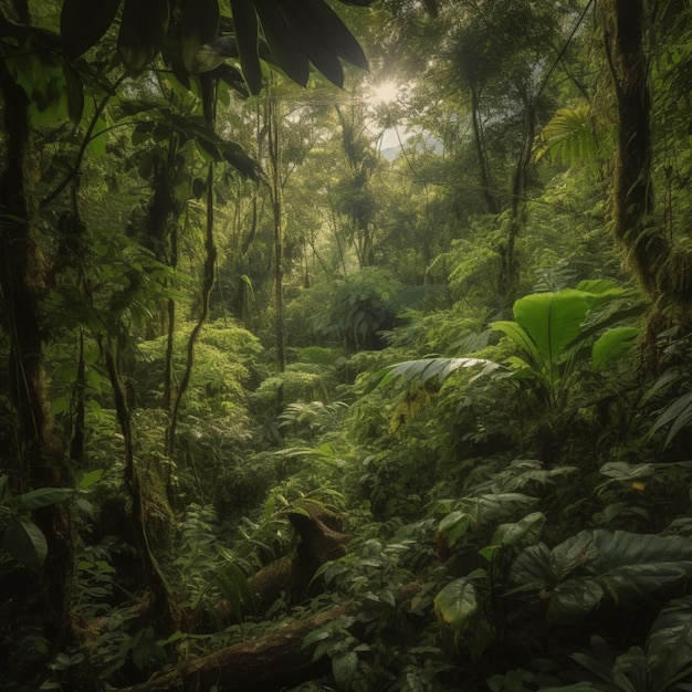 Сцена в джунглях с деревом на переднем плане и лесом на заднем плане.