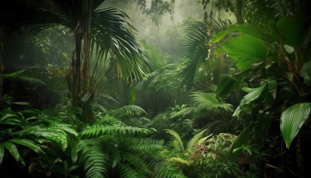 A jungle scene with a tree in the middle and a lot of leaves.