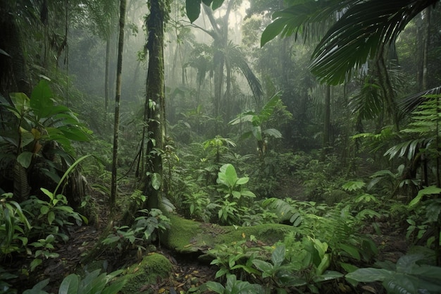 A jungle scene with a tree trunk and a mossy rock.