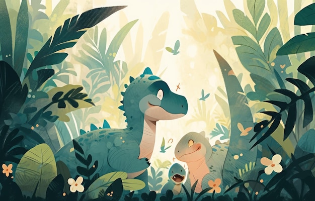 Photo jungle scrapbook page with cute dinosaur in corner forest with dinosaurs and foliage for kids