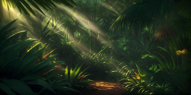 Photo jungle on a sunny day beautiful tropical forest with exotic plants flowers palm trees big leaves and ferns thicket of the rainforest bright sun sunbeams through the foliage generative ai