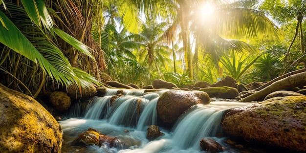 Jungle on a sunny day Beautiful tropical rainforest illustration with exotic plants palms big leaves and flowing water Bright sunbeams Background with pristine nature landscape Generative AI
