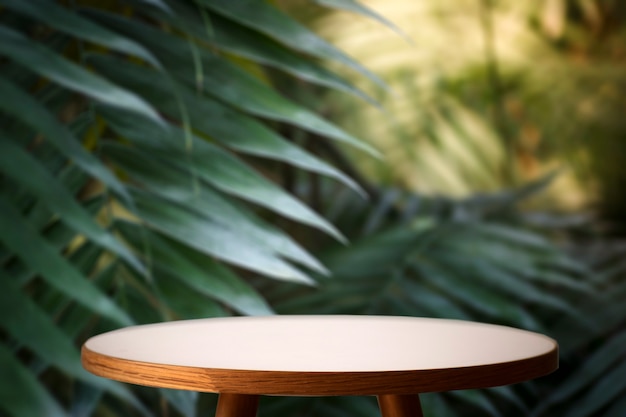 ジャングルテーブルの背景。熱帯植物、ヤシ、ジャングルの化粧品のインテリアテーブル。