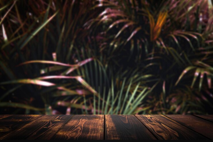 Jungle table background Wooden table for item against the backdrop of tropical plants palms and jungle High quality photo