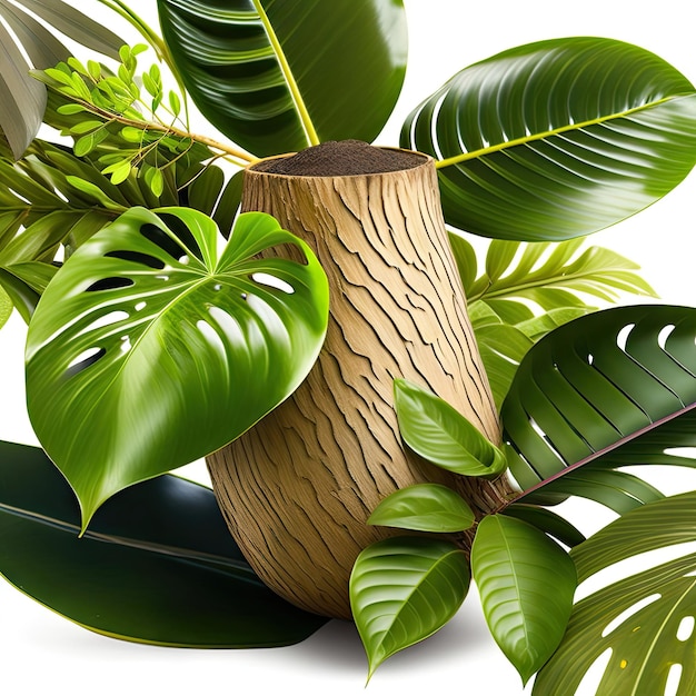 Jungle tree trunk with climbing monstera monstera deliciosa nest fern philodendron and