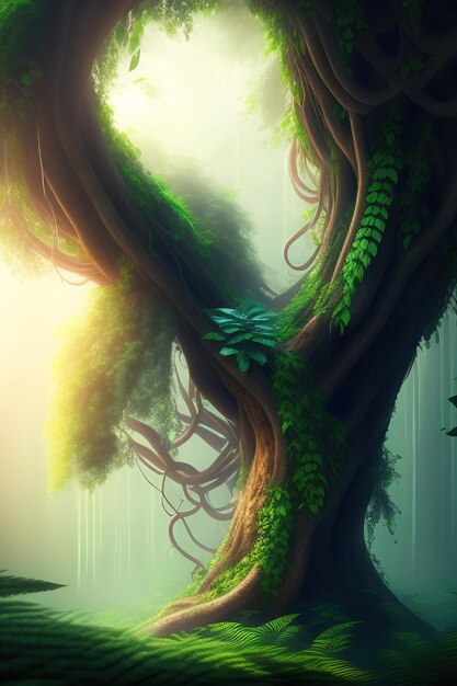 Jungle trees with large vines liana plant climbing and twisted around on tree trunks isolated on whi