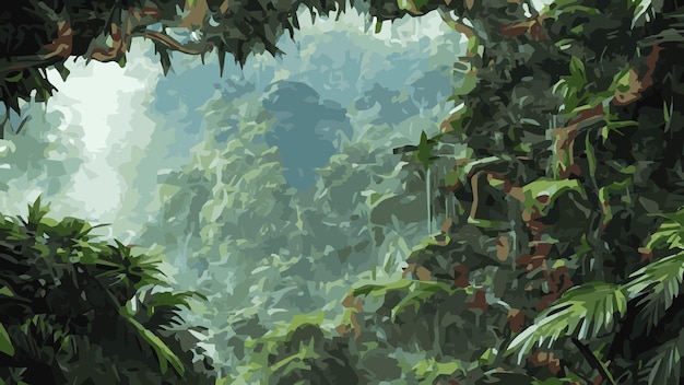 Тропический фон джунглей Иллюстрация пейзажа джунглей с украшениями из листьев и листвы