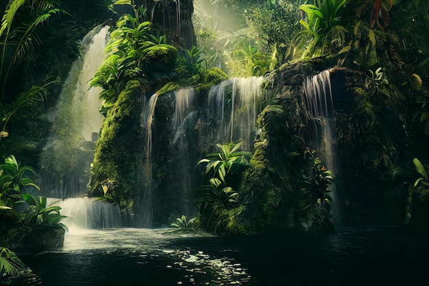Jungle waterfall cascade in tropical rainforest Tropical waterfall in jungles illustration