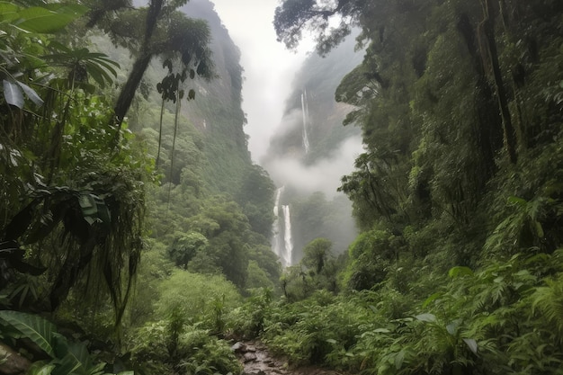 Jungle with view of towering waterfall surrounded by misty clouds