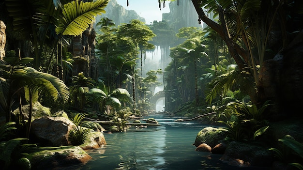 A jungle with a waterfall in the background