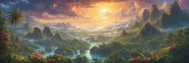 Jungle zonsondergang een prachtig landschap van zon boven een jungle met bomen water bloemen en berg Generative AI