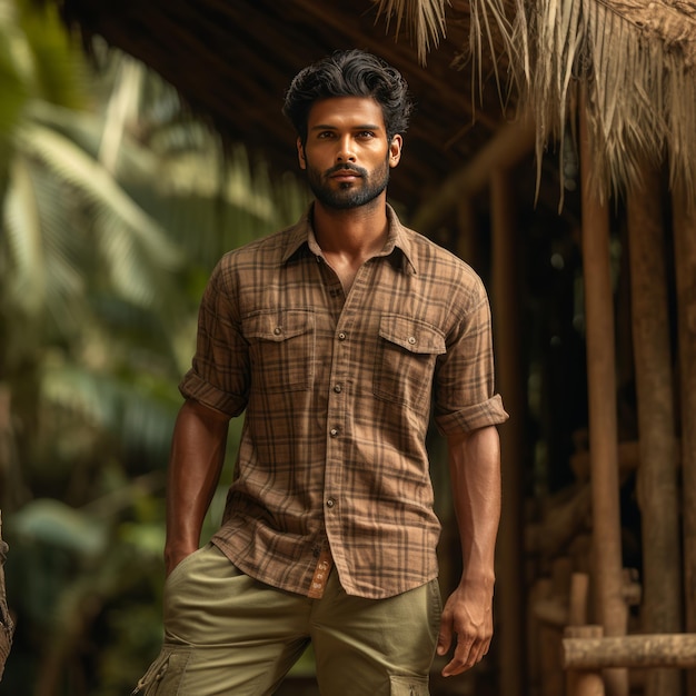 JungleFit Trendy Indiaas mannelijk model omarmt rustieke charme in Madras Check Shirt en Cargo Bottoms a