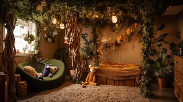 A junglethemed hideaway with hanging vines and plush animals AI generated