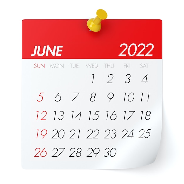 Juni 2022 - Kalender. Geïsoleerd op een witte achtergrond. 3D Illustratie