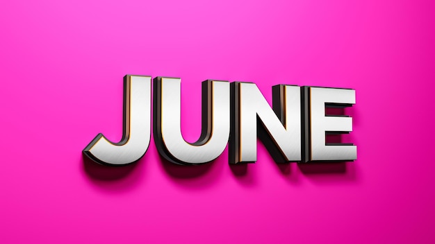 Juni belettering woorden op roze achtergrond 3D-rendering