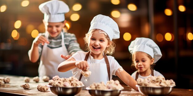 Junior Chefs in Action-kinderen met mini-koksmutsen en schorten AI generatief