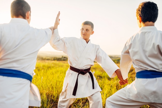 Junior karate fighters, outdoor training fight