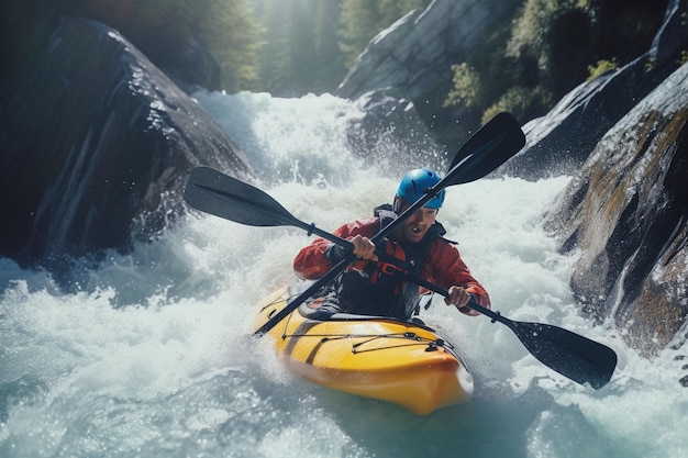 Junior kayakers paddling through rough waters Generative ai