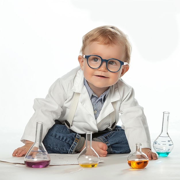 Foto scienziato junior baby scienziato carino su sfondo bianco