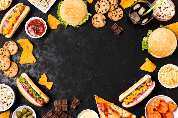 Junk food on black slate with copy space