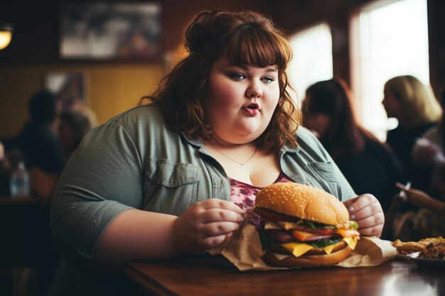 ジャンクフードのジレンマ レストランで美味しいハンバーガーを味わっている太った女性の肖像画