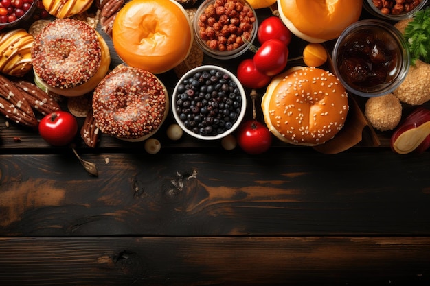 Junk food on kitchen table in indoor studio professional advertising food photography