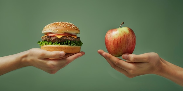 Foto cibo spazzatura in una mano cibo sano nell'altra mano ia generativa