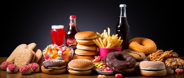 Photo junk food on white table fast carbohydrates not good