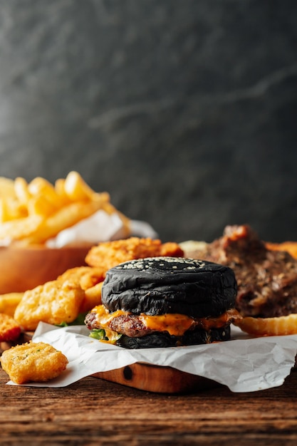 Junk food with burgers and french fries