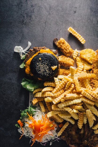 junk food on wooden table