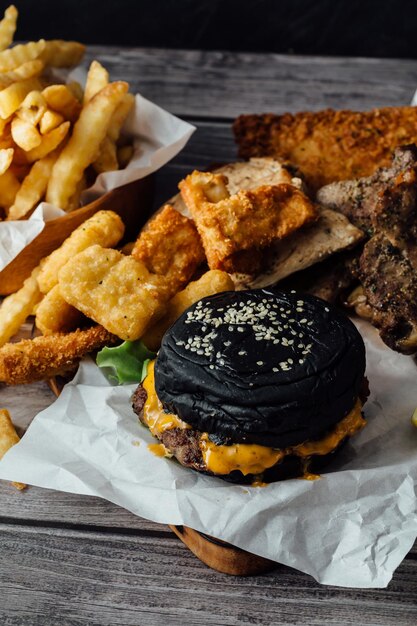 junk food on wooden table