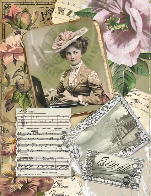 Junk journal paper laptop in her lap Vintage style printable junk journal page