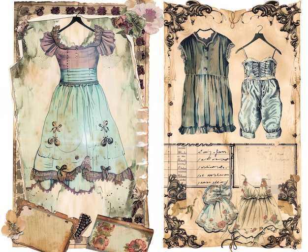 Junk journal paper spring clothes Vintage style printable junk journal double pages