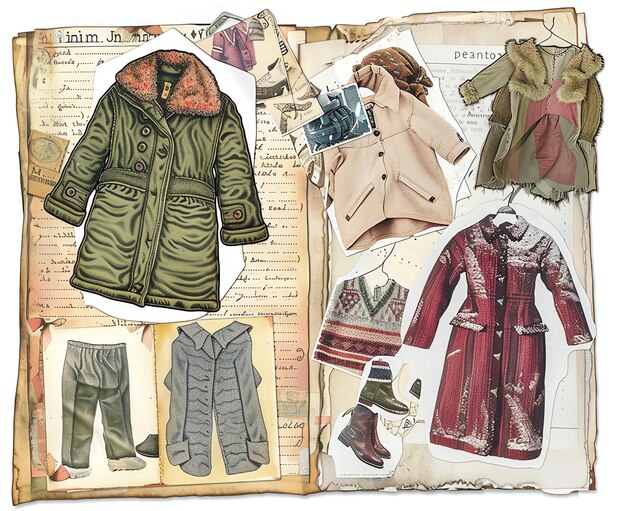 Foto junk journal papier winterkleding vintage stijl drukbare junk journal dubbele pagina's