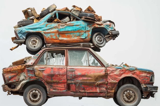 Junkyard pile towers with rusting abandoned cars eerie and chaotic