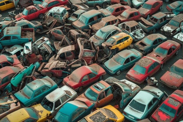 Photo junkyard pile towers with rusting abandoned cars eerie and chaotic