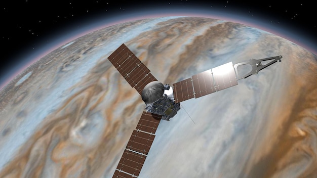 Juno is a nasa space probe orbiting the planet jupiter jupiter\
planet rotating in the outer space