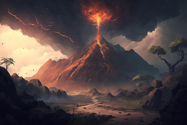 Юрский пейзаж с извергающимся вулканомГенеративный ИИ