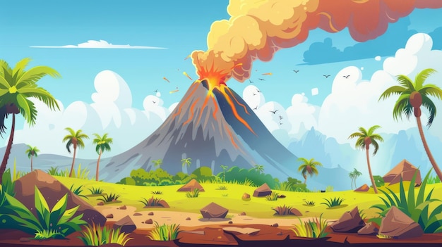 Jurassic period landscape with volcanic eruption Cartoon modern illustration scenery with volcano mountain smoke cloud rocks palm trees and grass