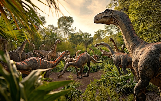 Photo jurassic world herd of various dinosaur generative ai