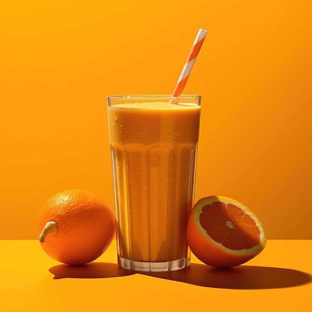 Jus d'orange met plonsen met oranje fruit in studio achtergrondrestaurant met tuin