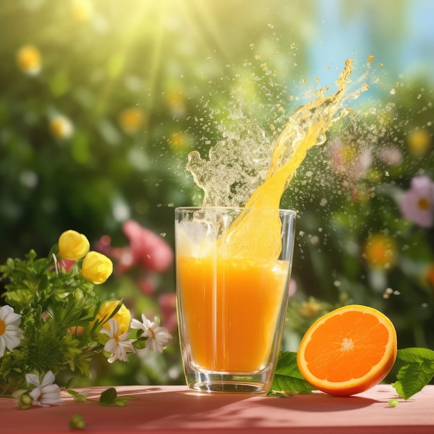 Jus d'orange met plonsen met oranje fruit in studio achtergrondrestaurant met tuin