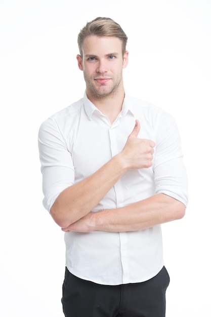 Just awesome. Guy shows thumbs up gesture. Excellent quality. Man confidently highly recommend white background. Guy with bristle recommend. Man shop consultant confident and hospitable. Good job.