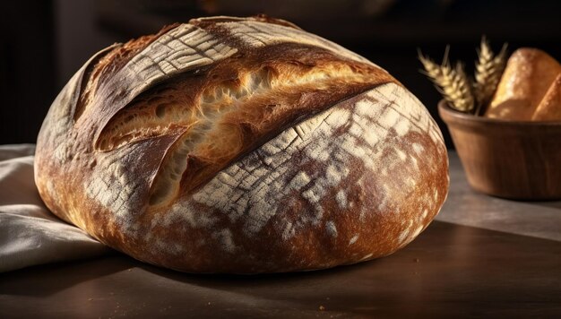 Just backed loaf of bread on a table