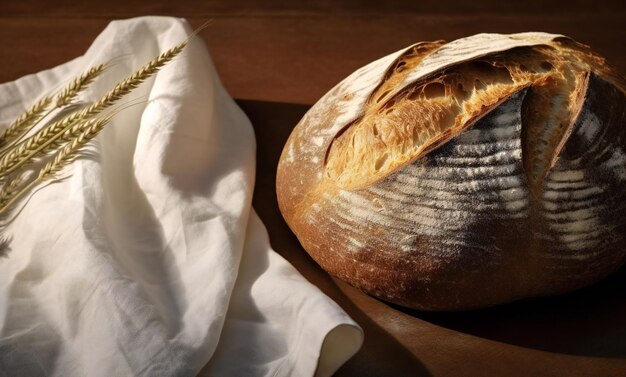 Just backed loaf of bread on a table