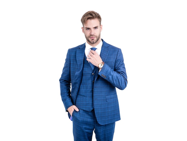 Just be the smartest style move you can make. Stylish businessman in suit isolated on white. Wearing formal style. Business dress code. Formalwear. Professional wear. Fashion wardrobe.