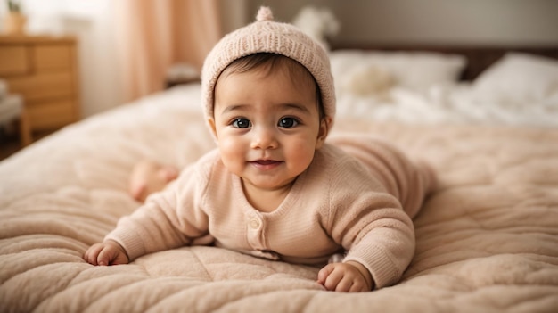 Just beautiful Cute smiling baby Cute 3 month old Baby girl infant on a bed on her belly with head up looking with her big eyes Warm fluffy biege clothes Closeup Three months old baby