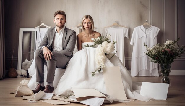 Photo just married couple portrait in front of mess marriage problems